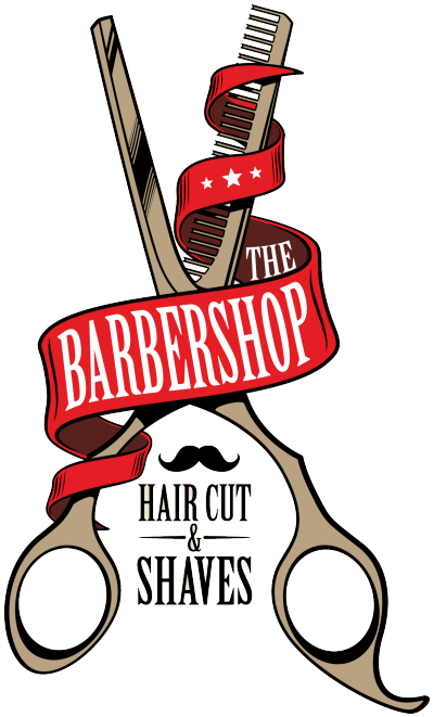 A pair of thinning shears and banner with the barbershop on it