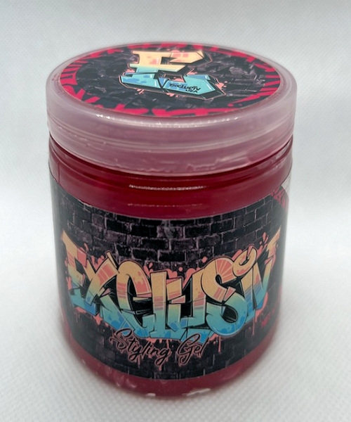Clear jar of red styling gel and brightly colored label.